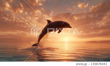 Dolphin jumping at sunset with mountains in background 130676841