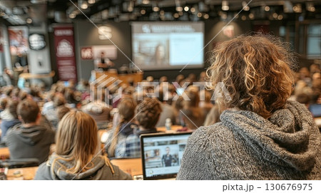 Audience attending a business conference presentation in modern auditorium Audience attending a business conference presentation in modern auditorium 130676975