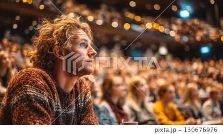 Audience attending a business conference presentation in modern auditorium 130676976