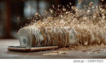 Roll of american dollars transforming into gold coins over smartphone 130677025