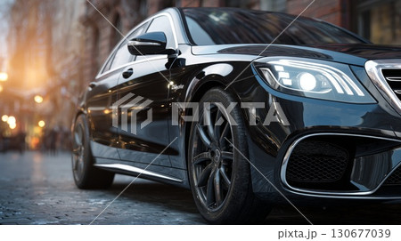 Black luxury sedan parked on city street at sunset 130677039