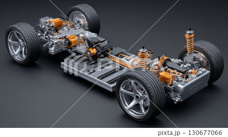 Electric car chassis showing electric motor and battery pack Electric car chassis showing electric motor and battery pack 130677066