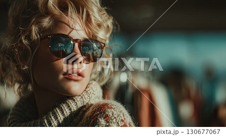 Fashion model wearing sunglasses and sweater posing in sunlight Fashion model wearing sunglasses and sweater posing in sunlight 130677067
