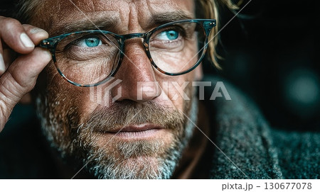 Pensive mature man wearing glasses contemplates in thoughtful pose Pensive mature man wearing glasses contemplates in thoughtful pose 130677078