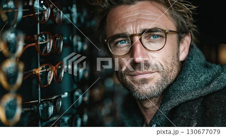 Pensive mature man wearing glasses contemplates in thoughtful pose 130677079