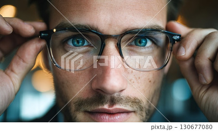 Businessman adjusting eyeglasses with freckles and blue eyes 130677080