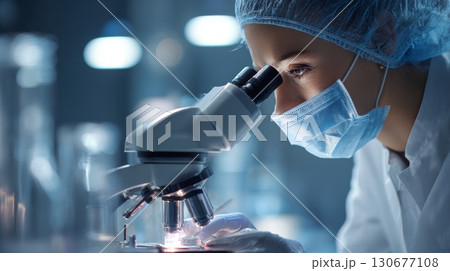 Scientist working with microscope in laboratory wearing protective glasses and mask Scientist working with microscope in laboratory wearing protective glasses and mask 130677108