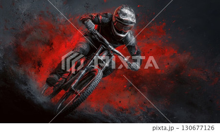Professional cyclist performing extreme downhill mountain biking on red background 130677126