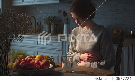 Young woman suffering from abdominal pain in kitchen Young woman suffering from abdominal pain in kitchen 130677224
