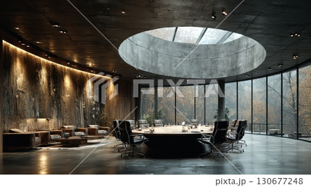 Modern open plan office interior with exposed brick and wooden beams 130677248
