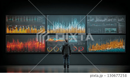 Businessman analyzing financial data on multiple screens in a dark room Businessman analyzing financial data on multiple screens in a dark room 130677258