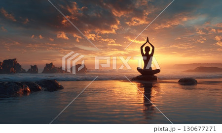 Woman meditating on rock at sunset on tropical beach 130677271