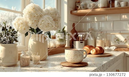 Cozy kitchen with coffee, croissants, and flowers on window sill on winter day 130677272