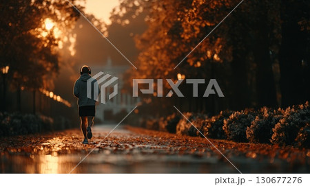 Young sportsman running in autumn park during sunrise Young sportsman running in autumn park during sunrise 130677276