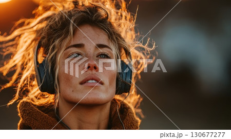 Young woman wearing headphones enjoying music at sunset Young woman wearing headphones enjoying music at sunset 130677277