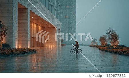 Senior man riding bicycle near modern building in rainy city 130677281
