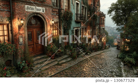 Charming cobblestone street winding through quaint european town at dusk 130677329
