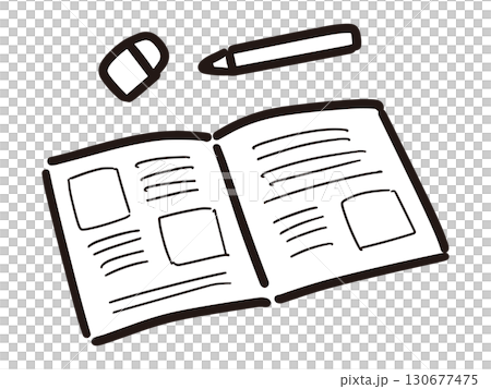 Handwritten illustration of notebook, pencil and eraser (vector) 130677475