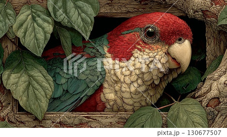 Colorful parrot resting in wooden frame surrounded by lush green leaves 130677507