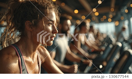 Woman sweating while running on treadmill at gym 130677544