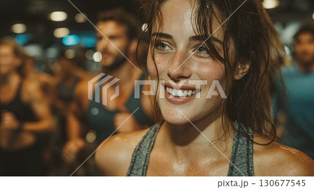 Woman sweating after intense workout at gym 130677545