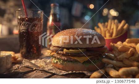 Delicious burger with french fries and coca-cola enjoying a tasty meal 130677546