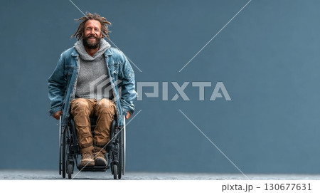 Stylish man in wheelchair posing on blue background 130677631