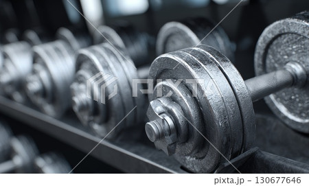Barbell resting on supports after intense workout session 130677646