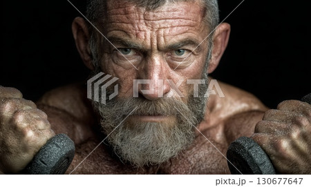 Determined senior man lifting weights showing strength and fitness 130677647