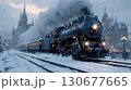 Steam train departing snowy city station at dusk 130677665