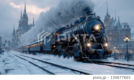Steam train departing snowy city station at dusk Steam train departing snowy city station at dusk 130677665