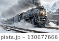 Steam train departing snowy city station at dusk 130677666