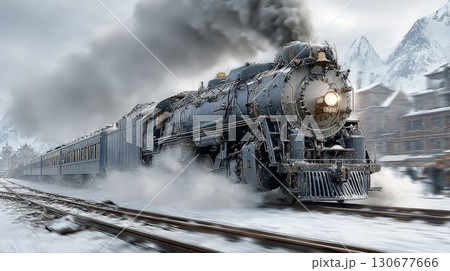 Steam train departing snowy city station at dusk Steam train departing snowy city station at dusk 130677666