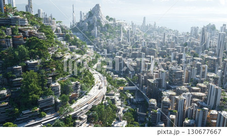 Futuristic green city expanding on hills and mountains Futuristic green city expanding on hills and mountains 130677667