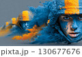 Soldiers covered in blue and yellow dust marching forward 130677676