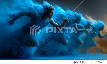 Athletes running through colorful powder clouds, embracing speed and determination Athletes running through colorful powder clouds, embracing speed and determination 130677678