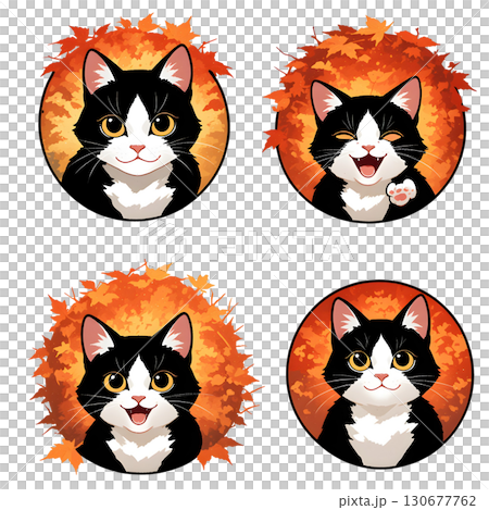 一組 4 幅以秋葉為框架的貓咪插圖 130677762