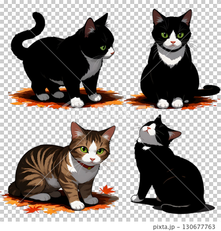 Set of 4 autumn leaves and cat illustrations 130677763