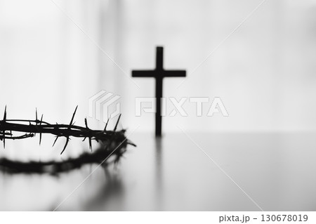 Cross and crown of thorns, often seen in gold crucifix symbols, represent the sacrifice of Jesus Christ-central to Easter message and the foundation of faith in the Christian religion. Cross and crown of thorns, often seen in gold crucifix symbols, represent the sacrifice of Jesus Christ-central to Easter message and the foundation of faith in the Christian religion. 130678019