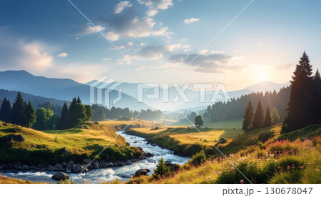 心安らぐ夏の朝、山と渓流 130678047
