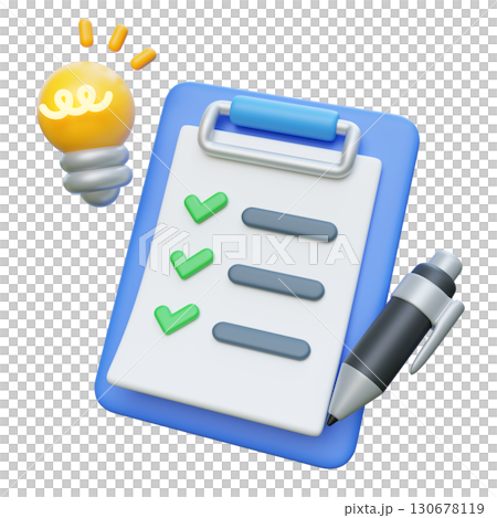 Checklist Clipboard with Ball point pen and electric bulb 3D Icon Graphic 130678119