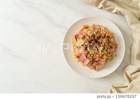 fried rice with bacon ham and black peppers 130678207