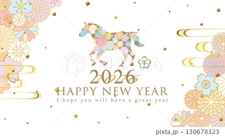 2026年午年　和風花柄の馬の年賀背景（16:9サイズ） 130678323