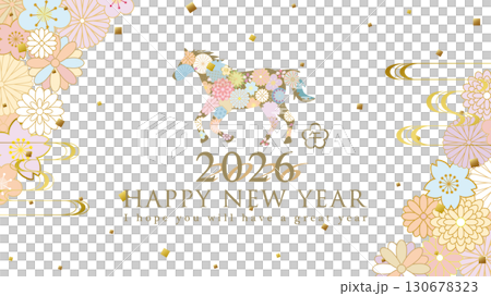 2026年午年　和風花柄の馬の年賀背景（16:9サイズ） 130678323