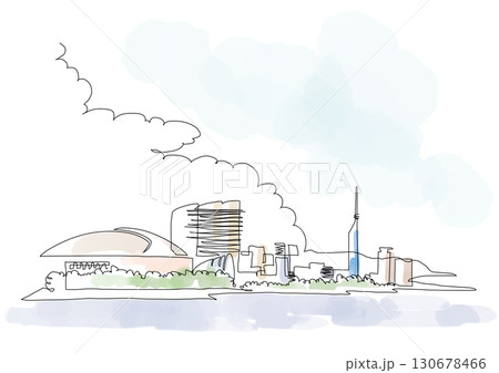 福岡市百道 海辺の風景 一筆書きと水彩 130678466