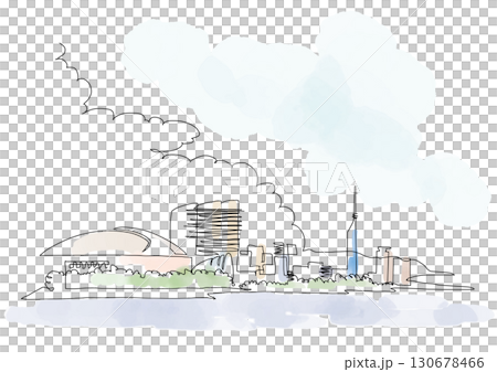 Fukuoka City Momochi Seaside scenery, one-stroke painting and watercolor 130678466