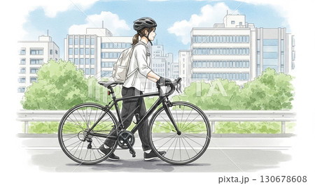 ロードバイクを引いて歩く若い女性 130678608