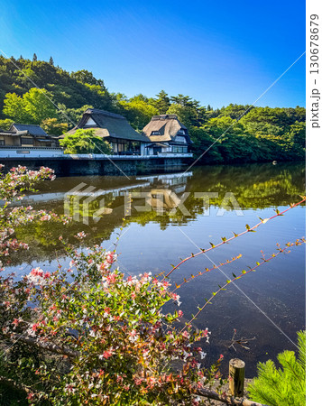 Hoshino Aomoriya lake and temple in Furumagiyama, Misawa, Aomori, Japan 130678679