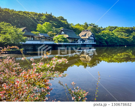 Hoshino Aomoriya lake and temple in Furumagiyama, Misawa, Aomori, Japan 130678682