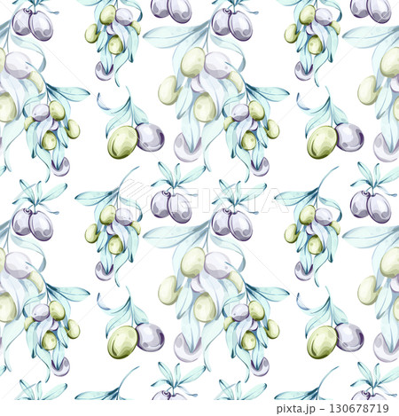 Olives and olive oil seamless pattern background wallpaper featuring watercolor illustrations inspired by Italian cuisine nature and the beauty of nutrition 130678719